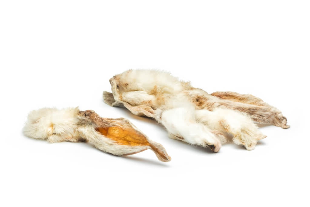 Eine unbestimmte Anzahl an Kaninchenohren mit Fell, die getrocknet sind.