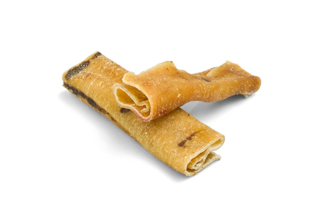 Zwei getrocknete Kausticks für Hunde aus gerollter Haut.