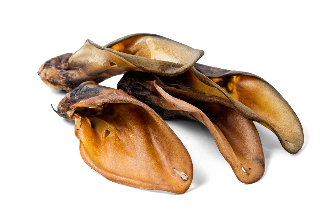 Vier getrocknete Rinderohren ohne Fell.